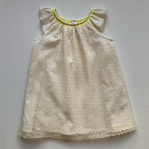 Bonpoint Girls Amande Cream Polka Dot Tulle Dress w Yellow Embroidered Trim -18M